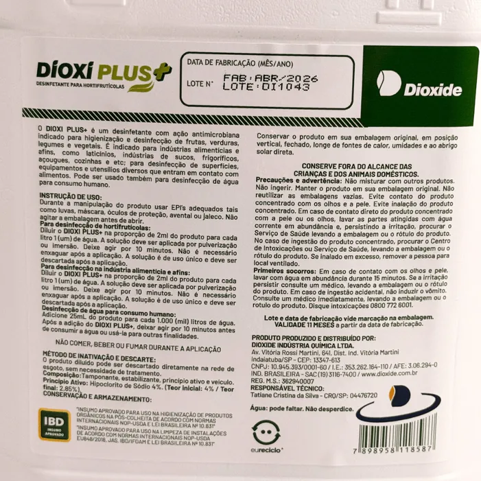 DioxiPlus+ 5L Desinfetante Hortifrutícolas Dioxide