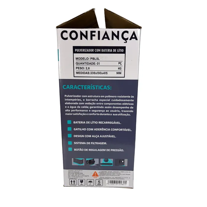 Pulverizador Elétrico 5L Bateria Lítio Confiança PBL5L