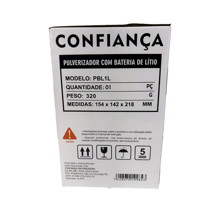 Pulverizador Elétrico 1L Bateria Lítio USB Confiança PBL1L