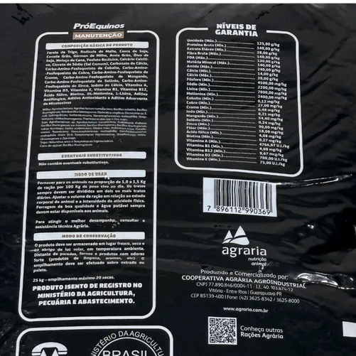 PróEquinos Manutenção 25kg - Ração Texturizada para Equinos em Manutenção e Baixa Atividade | Agrária Nutrição Animal