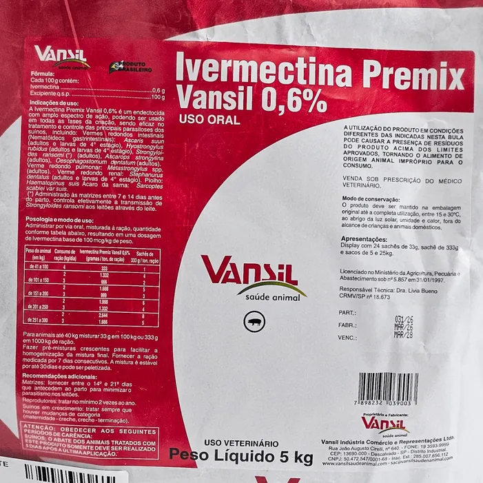 Ivermectina Premix 0,6% Vansil Vermífugo Suínos 5/25kg