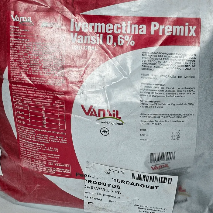 Ivermectina Premix 0,6% Vansil Vermífugo Suínos 5/25kg