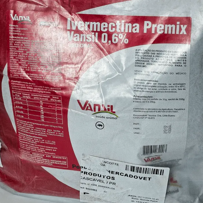 Ivermectina Premix 0,6% Vansil Vermífugo Suínos 5/25kg