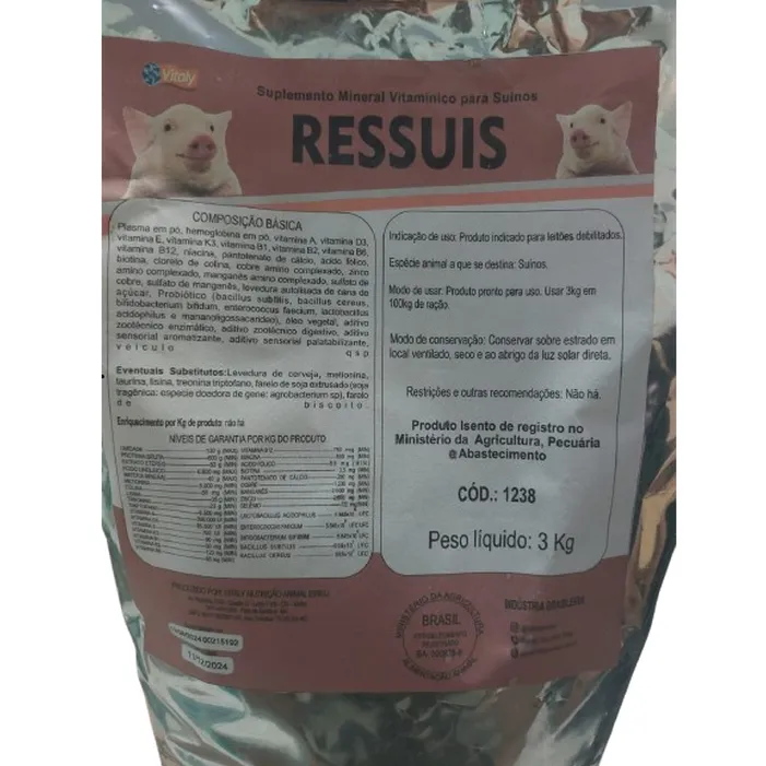 Ressuis 3kg Vitaly Rações | Suplemento Completo e Nutritivo para Suínos