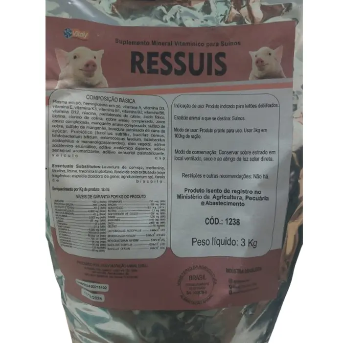 Ressuis 3kg Vitaly Rações | Suplemento Completo e Nutritivo para Suínos
