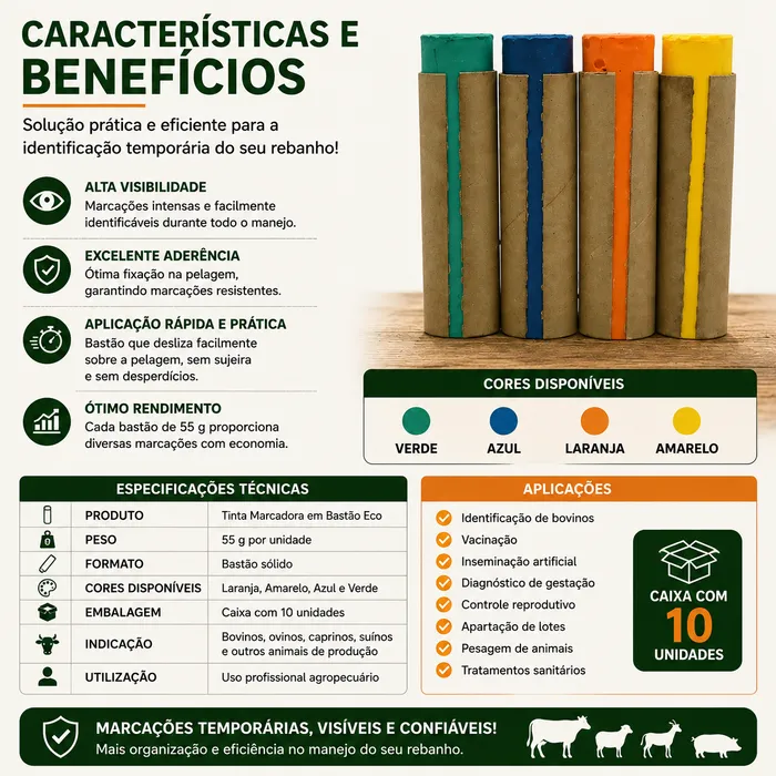 Tinta Marcadora em Bastão Eco 55 g | Caixa com 10 Unidades