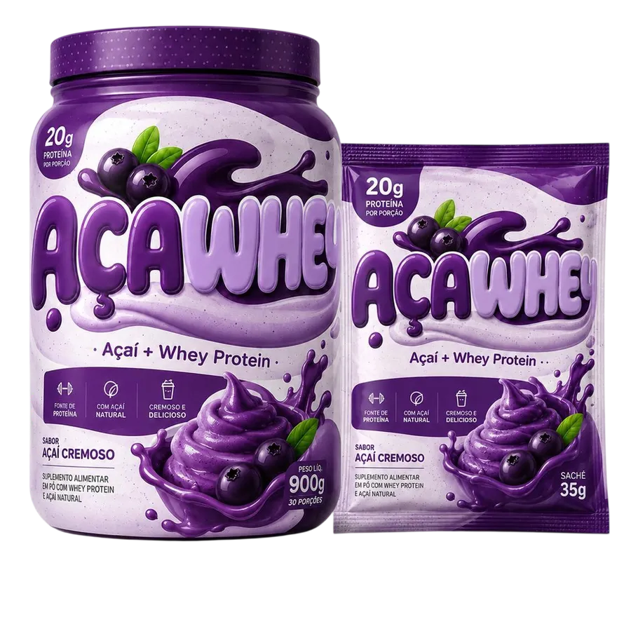 AçaWhey Açaí + Whey Protein – Pote 900g + Sachê 35g | Sabor Açaí Cremoso