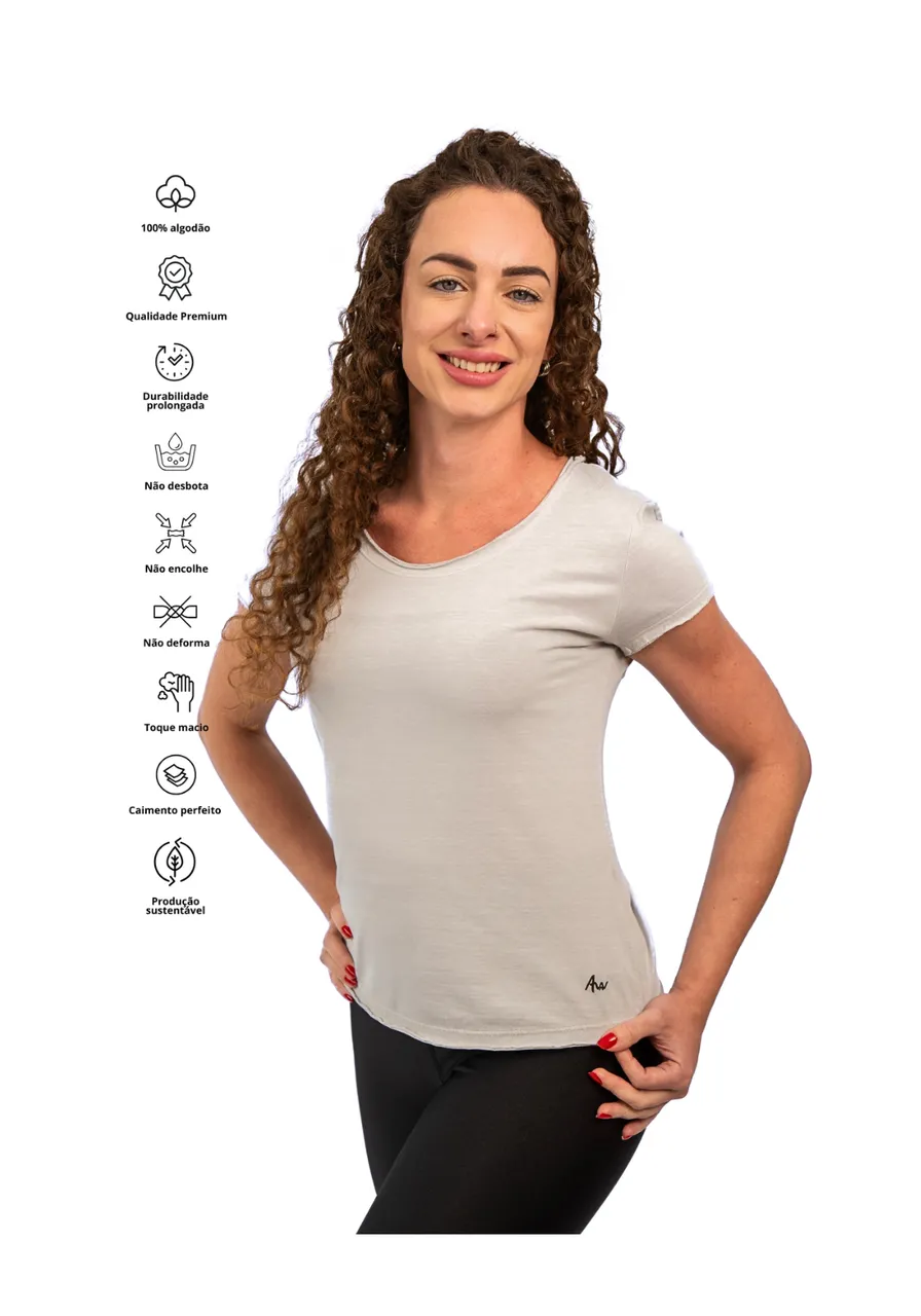 Camiseta Feminina 100% Algodão Premium cinza claro - acabamento a fio, fibra natural que não desbota