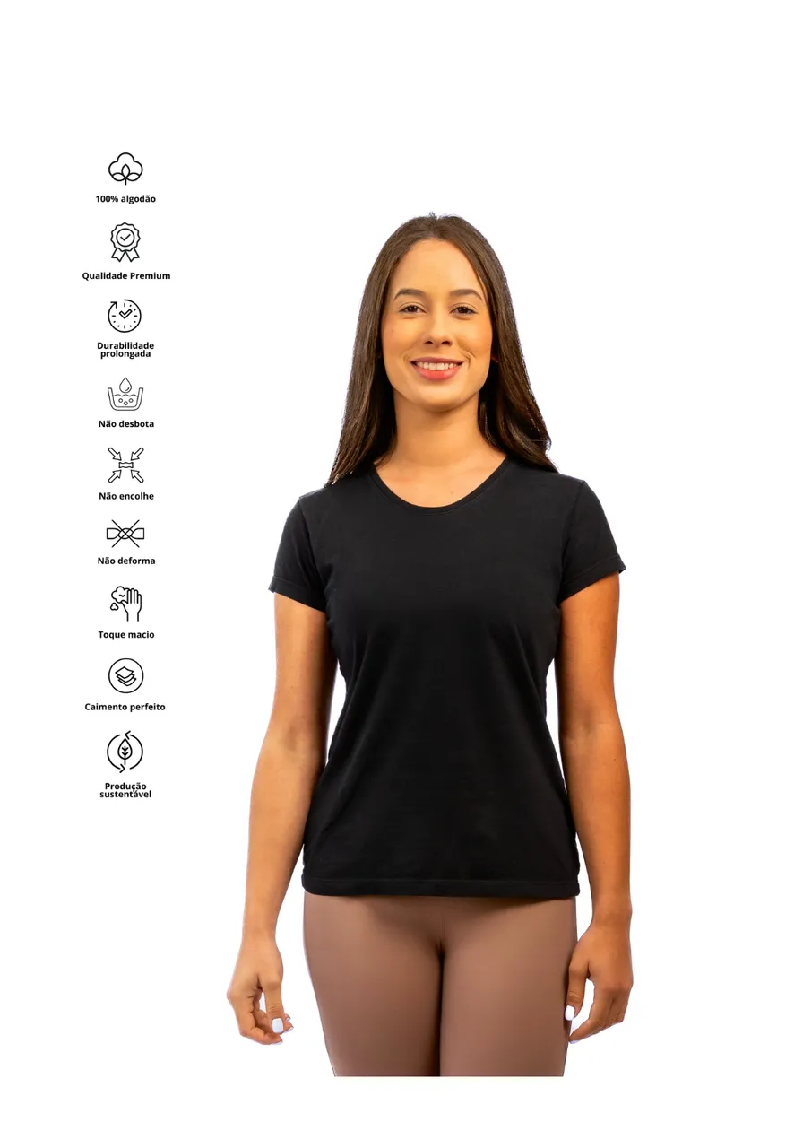 Camiseta Slim Feminina preta 100% Algodão Premium - fibra natural que não desbota