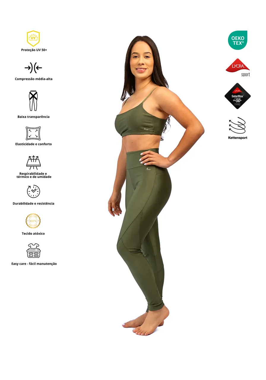Legging Forest Green - Brilho elegante, recortes modeladores, proteção UV, secagem rápida e extremo conforto