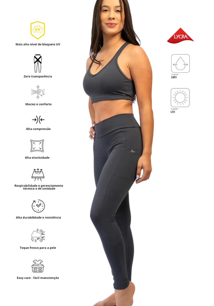 Legging Grey com bolsos laterais - zero transparência, proteção UV, compressão inteligente e secagem rápida