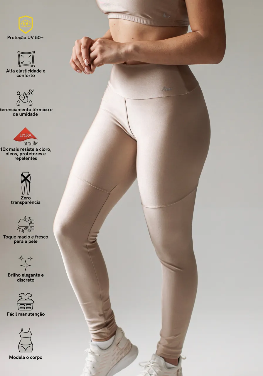 Legging Golden - Brilho elegante, proteção UV, zero transparência, durabilidade superior, tecido duplo, secagem rápida