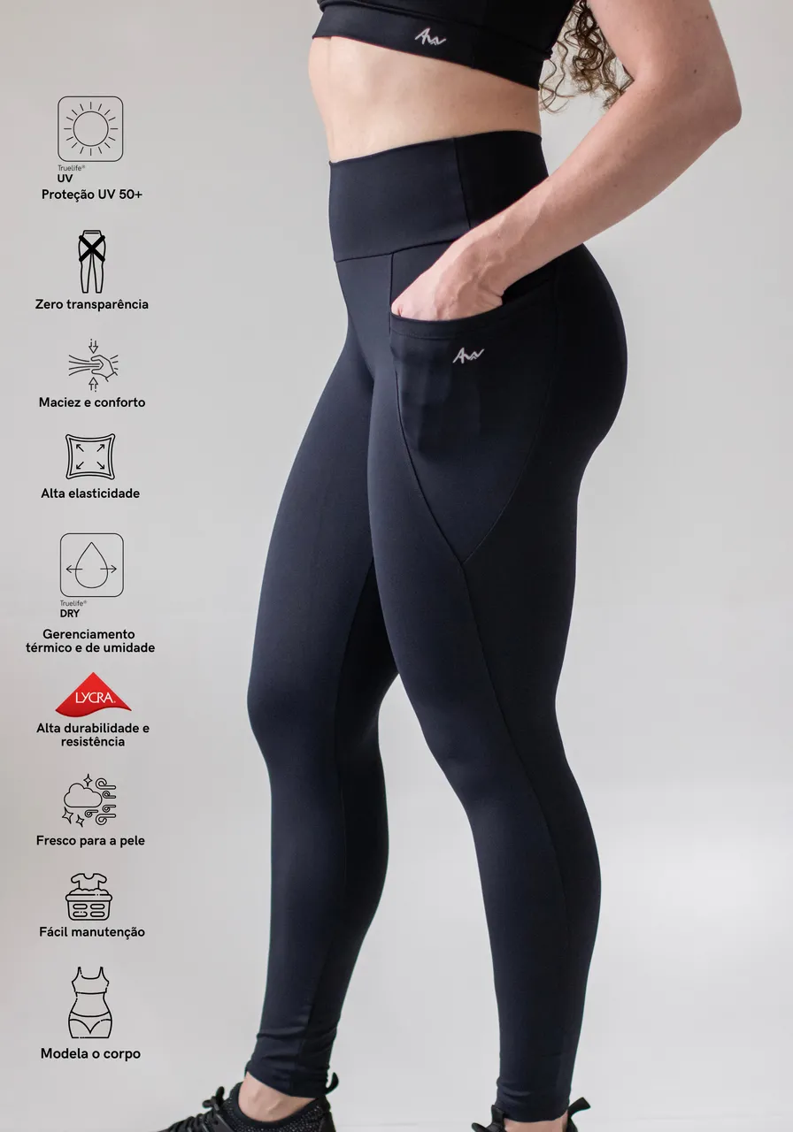 Legging Ultra Black com bolsos laterais, proteção UV, zero transparência, secagem rápida e extra conforto