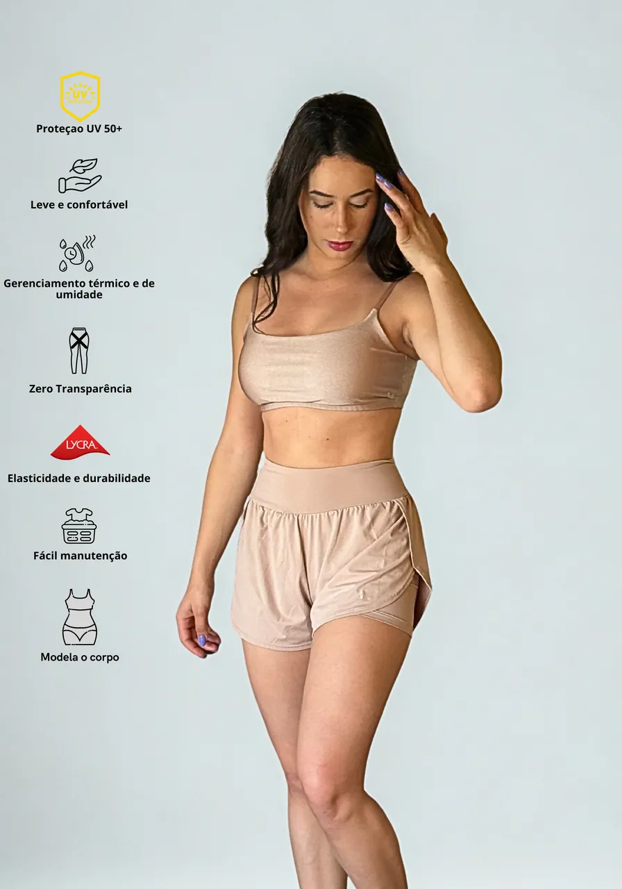 Short Run Nude 2 em 1 - proteção UV50+, zero transparência, extra conforto, secagem rápida