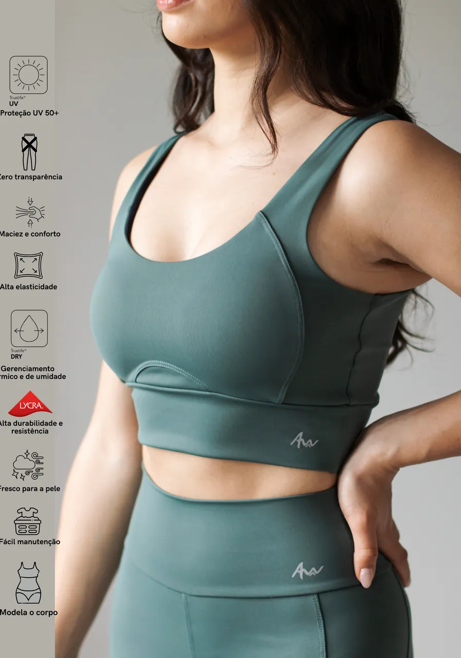 Top Deep Green Modelador - alta sustentação, proteção UV, tecido duplo, secagem rápida