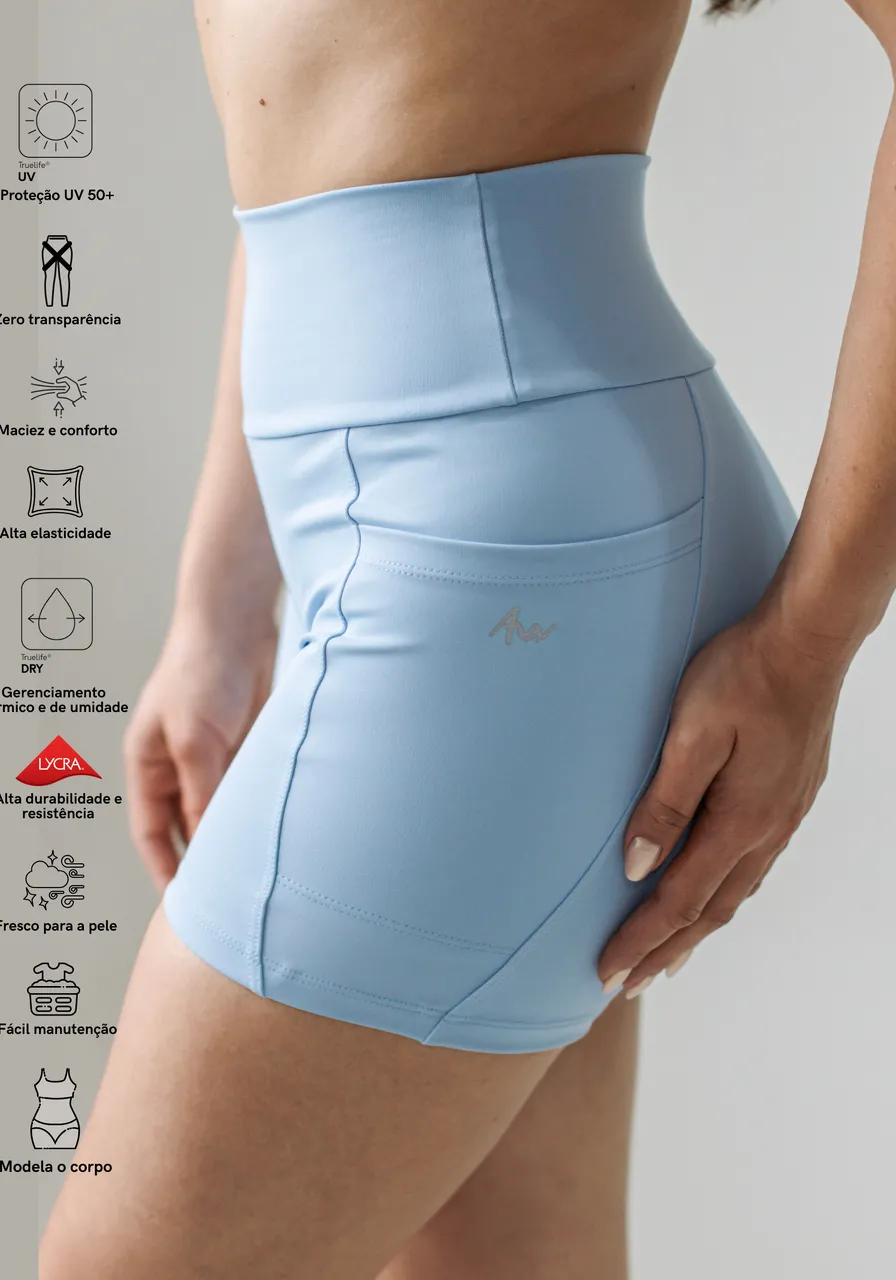 Short Blue Sky com bolsos laterais, proteção UV, zero transparência, compressão inteligente, secagem rápida