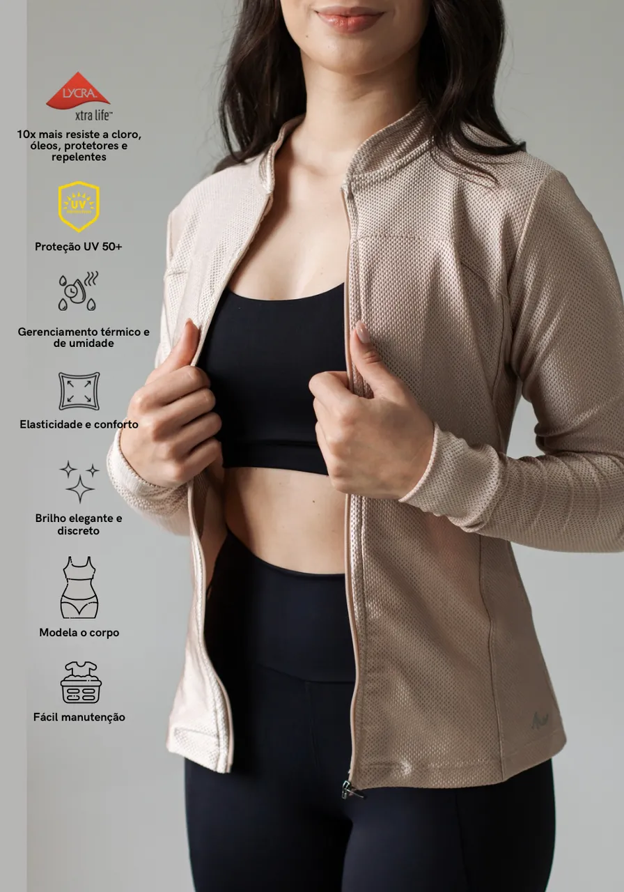 Jaqueta Golden - Brilho elegante e discreto, Proteção UV50+, durabilidade superior, secagem rápida e extra conforto