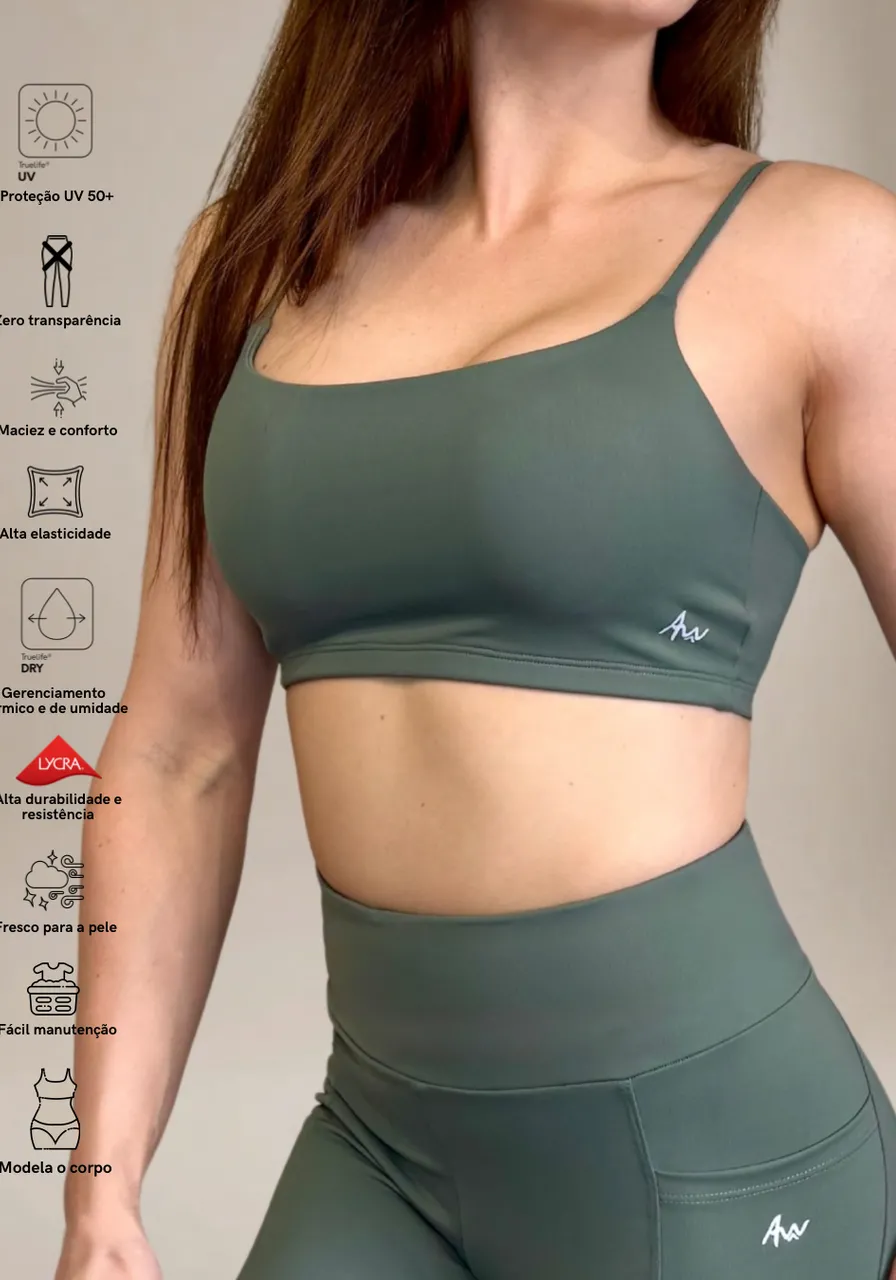 Top Deep Green com alças finas - proteção UV, tecido duplo, secagem rápida e conforto
