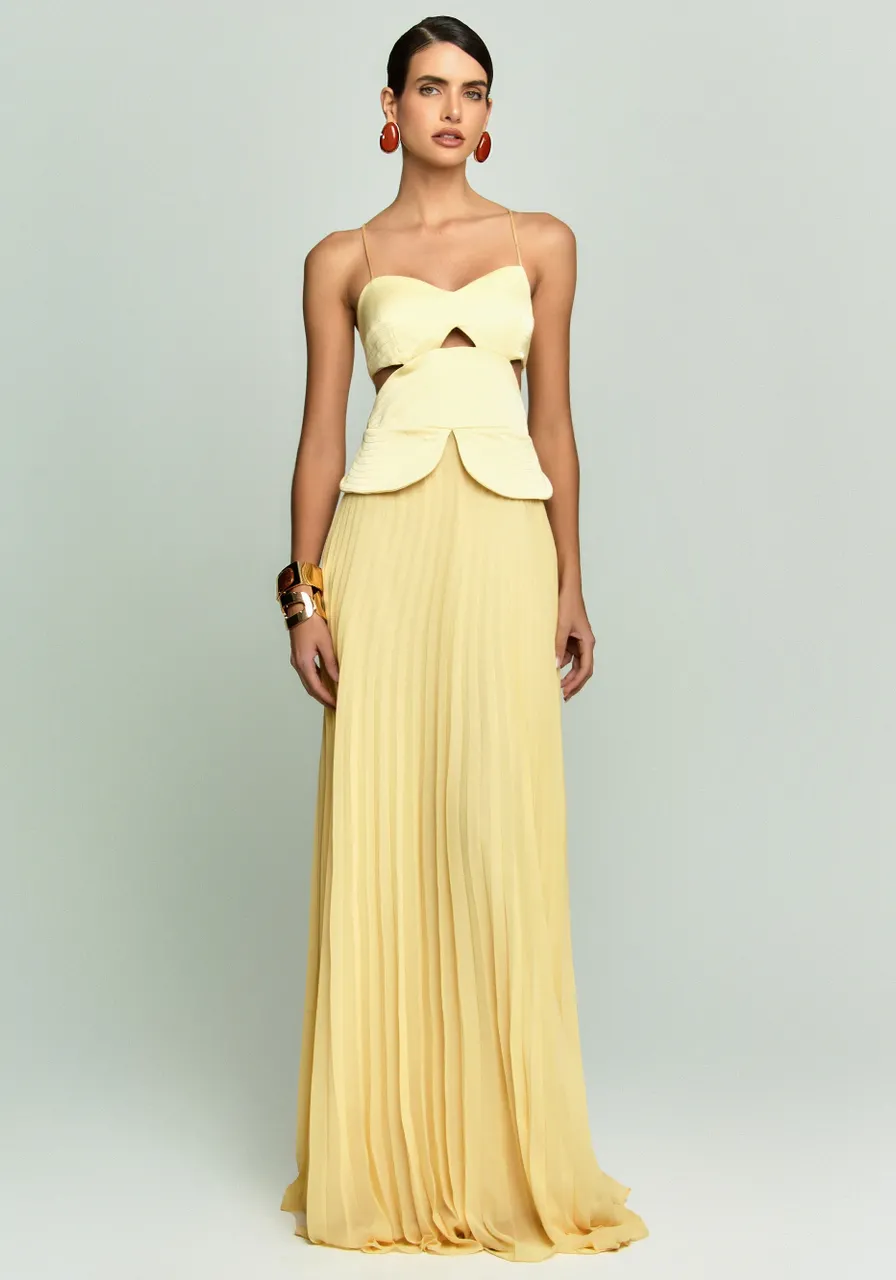 Vestido Longo Com Saia Plissada Manteiga Dancing Wind