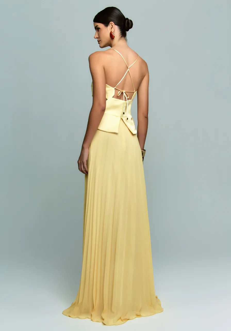 Vestido Longo Com Saia Plissada Manteiga Dancing Wind