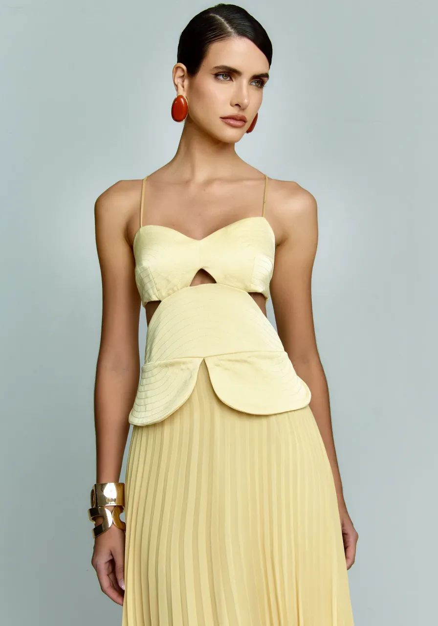 Vestido Longo Com Saia Plissada Manteiga Dancing Wind