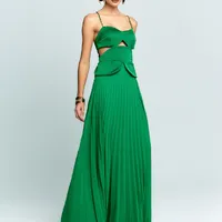 Vestido Longo Com Saia Plissada Verde Bandeira Dancing Wind - imagem 1