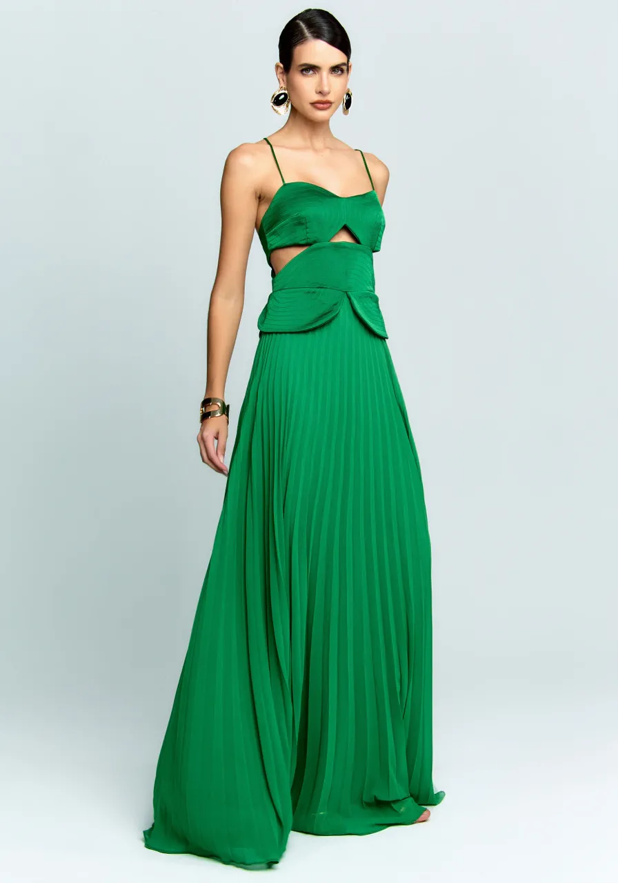 Vestido Longo Com Saia Plissada Verde Bandeira Dancing Wind