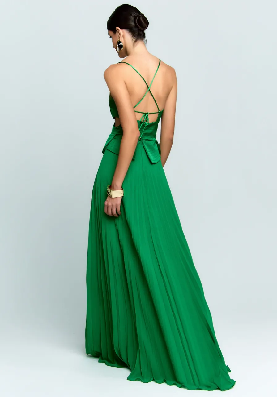 Vestido Longo Com Saia Plissada Verde Bandeira Dancing Wind