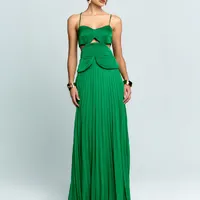 Vestido Longo Com Saia Plissada Verde Bandeira Dancing Wind - imagem 3