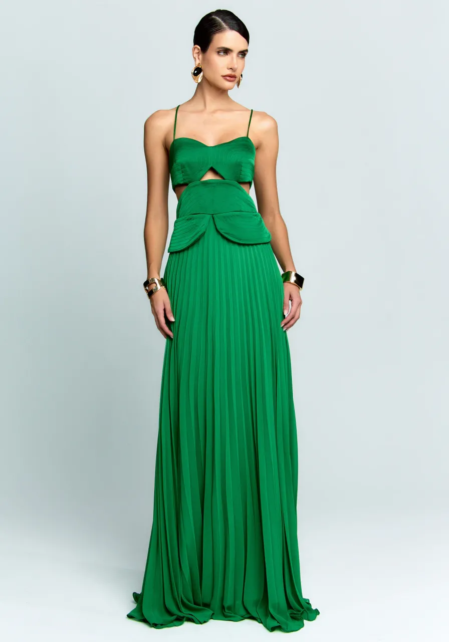 Vestido Longo Com Saia Plissada Verde Bandeira Dancing Wind