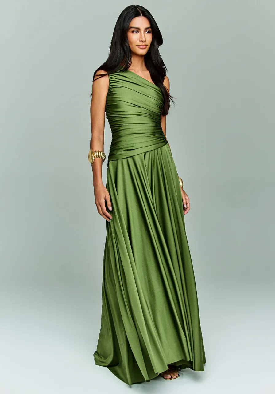 Vestido de Festa Um Ombro Só Drapeado Verde Oliva Liverpool