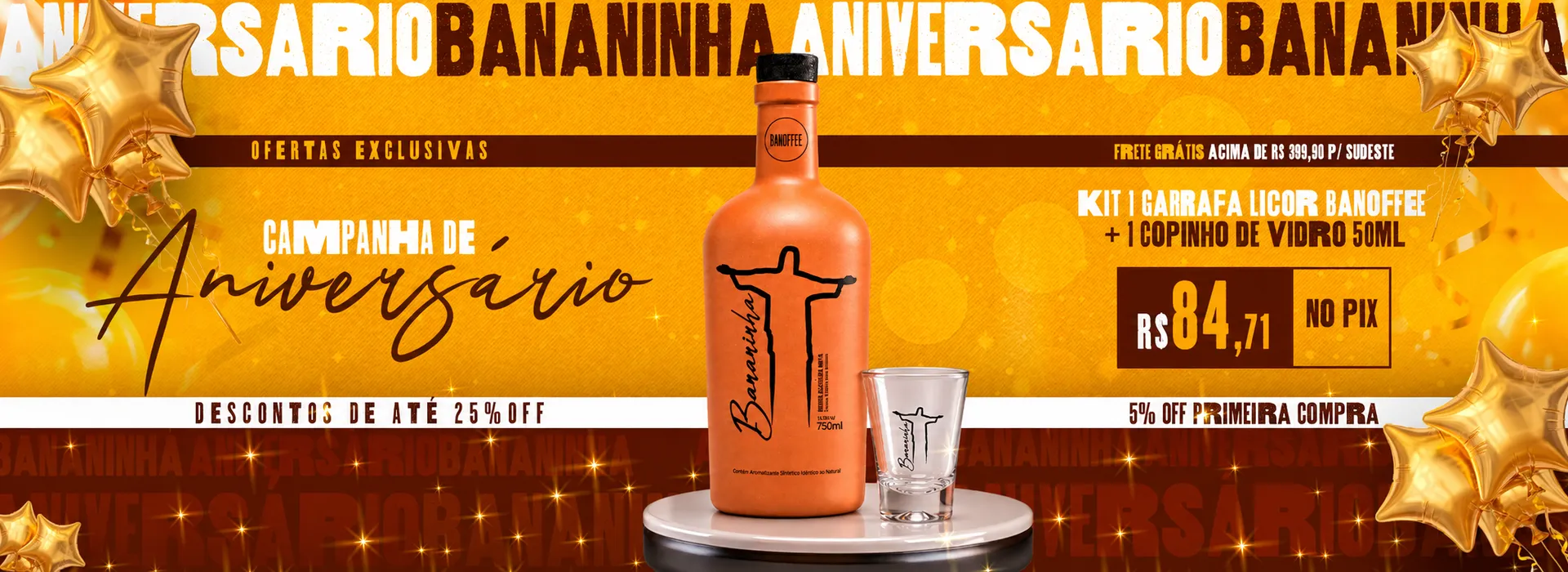 Banner CAMPANHA DE ANIVERSARIO - LICOR DE BANOFFEE + COPINHO DE VIDRO
