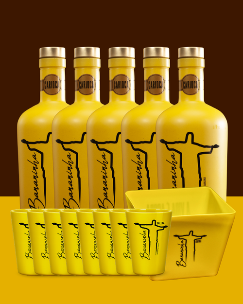 Kit Praia Carnaval - 5 Garrafas Licor de Banana + 8 Copinhos de Shot de Plástico + 1 Balde de Plástico