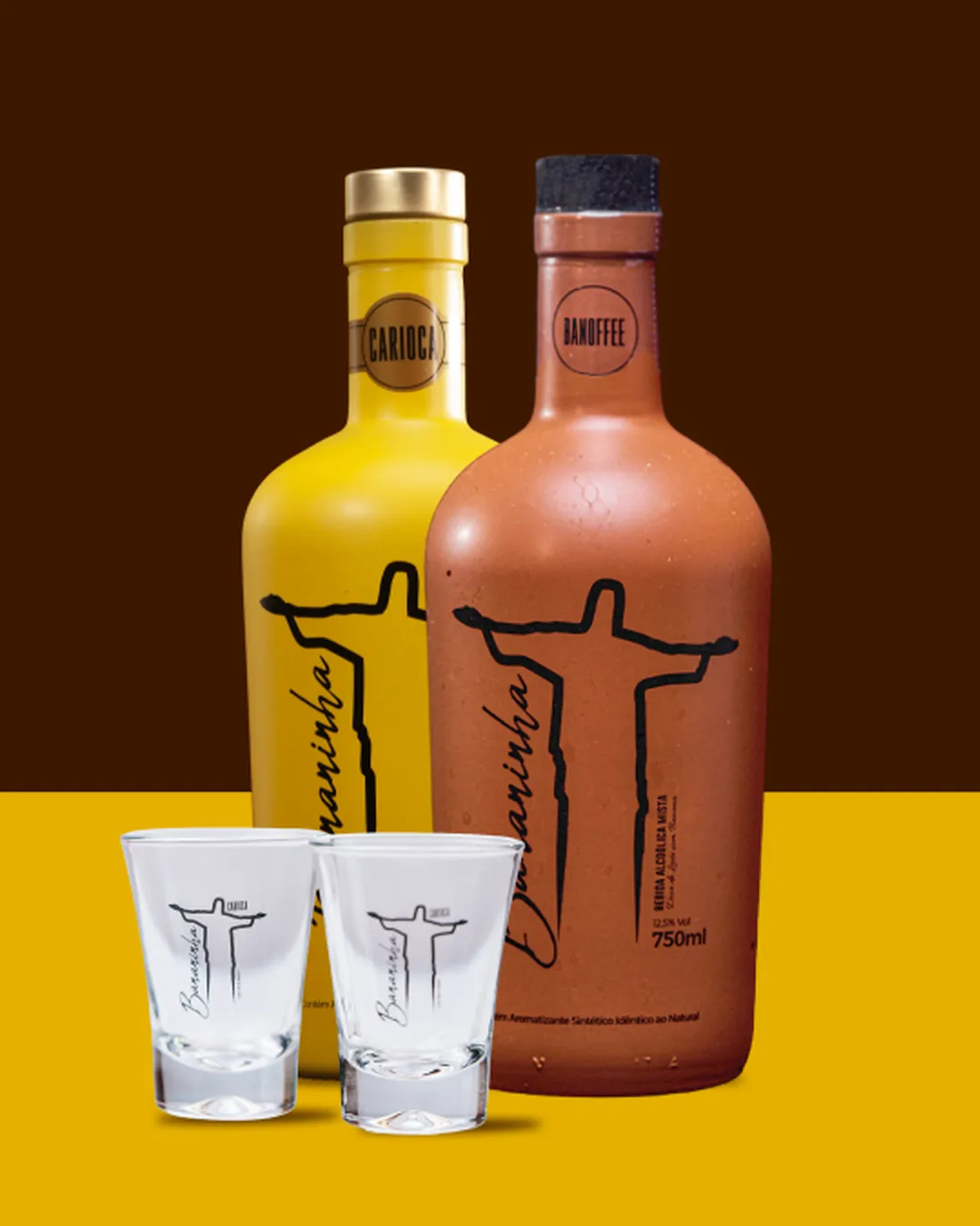 Kit 1 Licor de Banana + 1 Licor Doce de Leite e Banana + 2 Copos de Shot de Video de 50ml - Bananinha Carioca