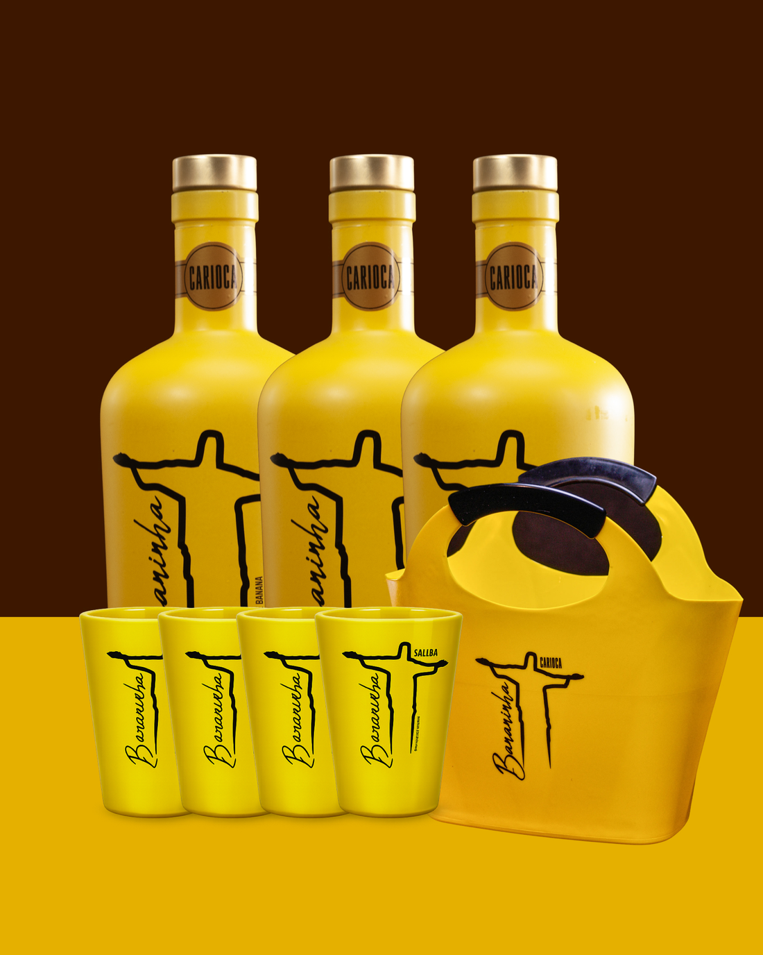 Kit Carnaval Bloquinho - 3 Garrafas Licor de Banana + 4 Copinhos de Shot de Plástico + 1 Balde de Plástico