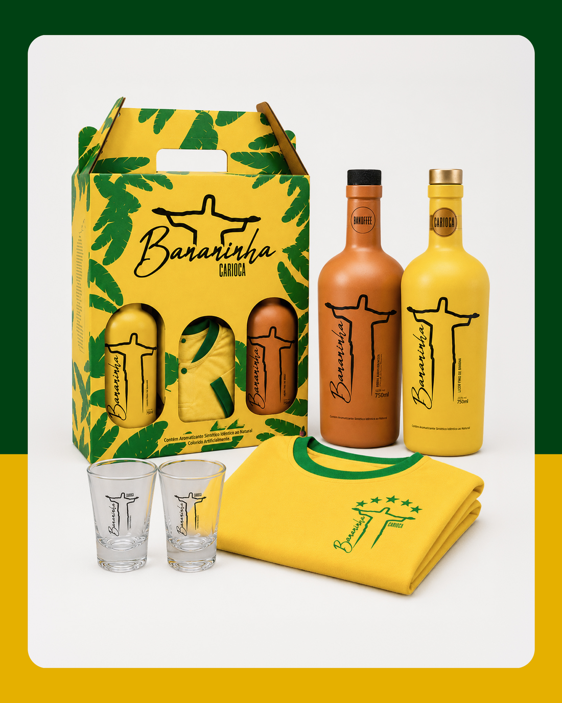 Kit Amalerinha da Copa | 2 Licores Finos Bananinha + Banoffee + 2 Copos de Shot de Vidro + Camiseta Vintage de Brinde