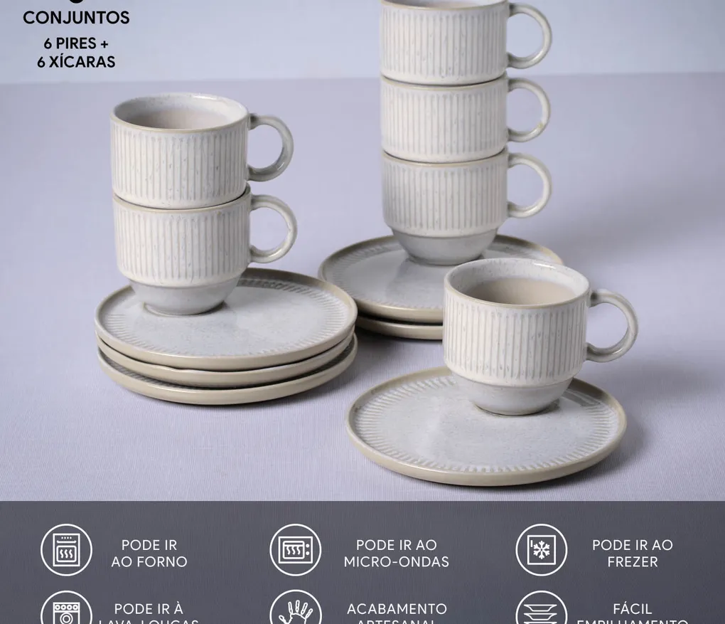 Conjunto com 6 Xícaras de Chá Empilhável com 6 Pires Linhas Latte 230ml