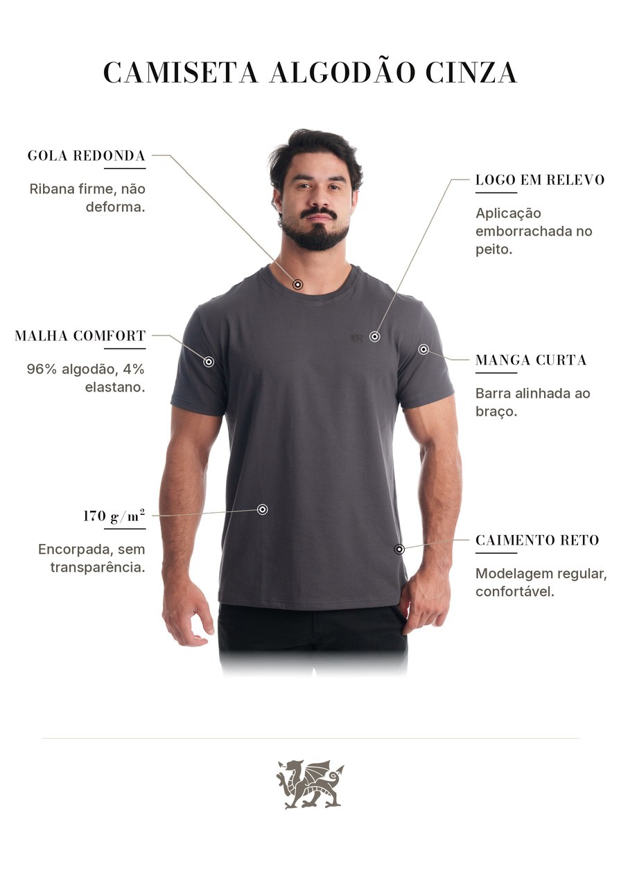Detalhes técnicos da Camiseta Algodão Cinza