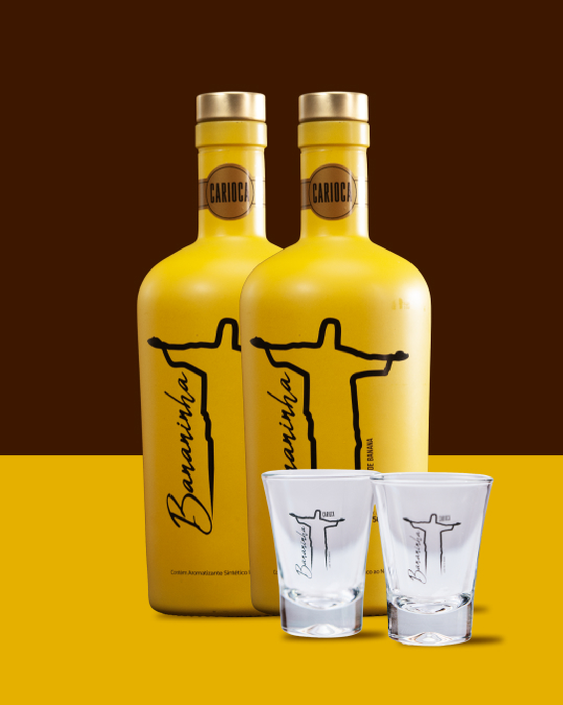 Kit 2 Garrafas Licor Fino de Banana + 2 Copos de Shot 50ml - Bananinha Carioca