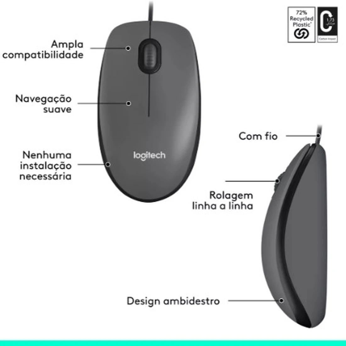 Mouse com fio USB Logitech M100 com Design Ambidestro - imagem 1