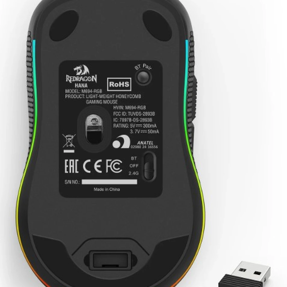 Mouse Gamer Redragon Hana RGB – 7200 DPI, Ultraleve com Carcaça Perfurada, Wireless e USB-C, Preto - imagem 7