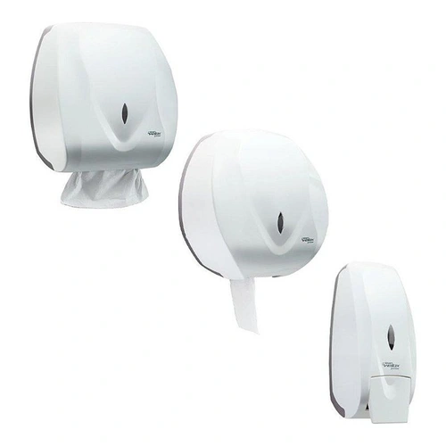 Kit Dispensers Velox Branco – Sabonete 800ml + Papel Toalha + Papel Higiênico Rolão