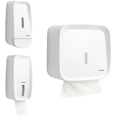 Kit Dispensers Invoq Branco – Sabonete + Papel Toalha Center Pull + Papel Higiênico