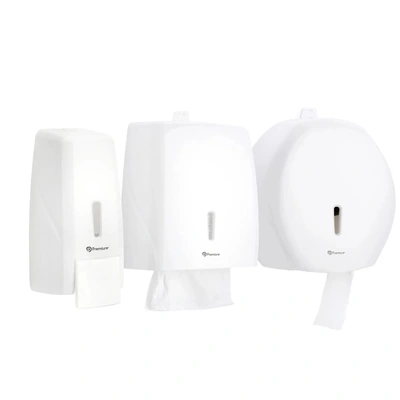 Kit Dispensers UP+ Branco – Sabonete + Papel Toalha + Papel Higiênico