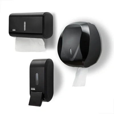 Kit Dispensers Velox Branco – Sabonete 800ml + Papel Toalha + Papel Higiênico Rolão- Preto