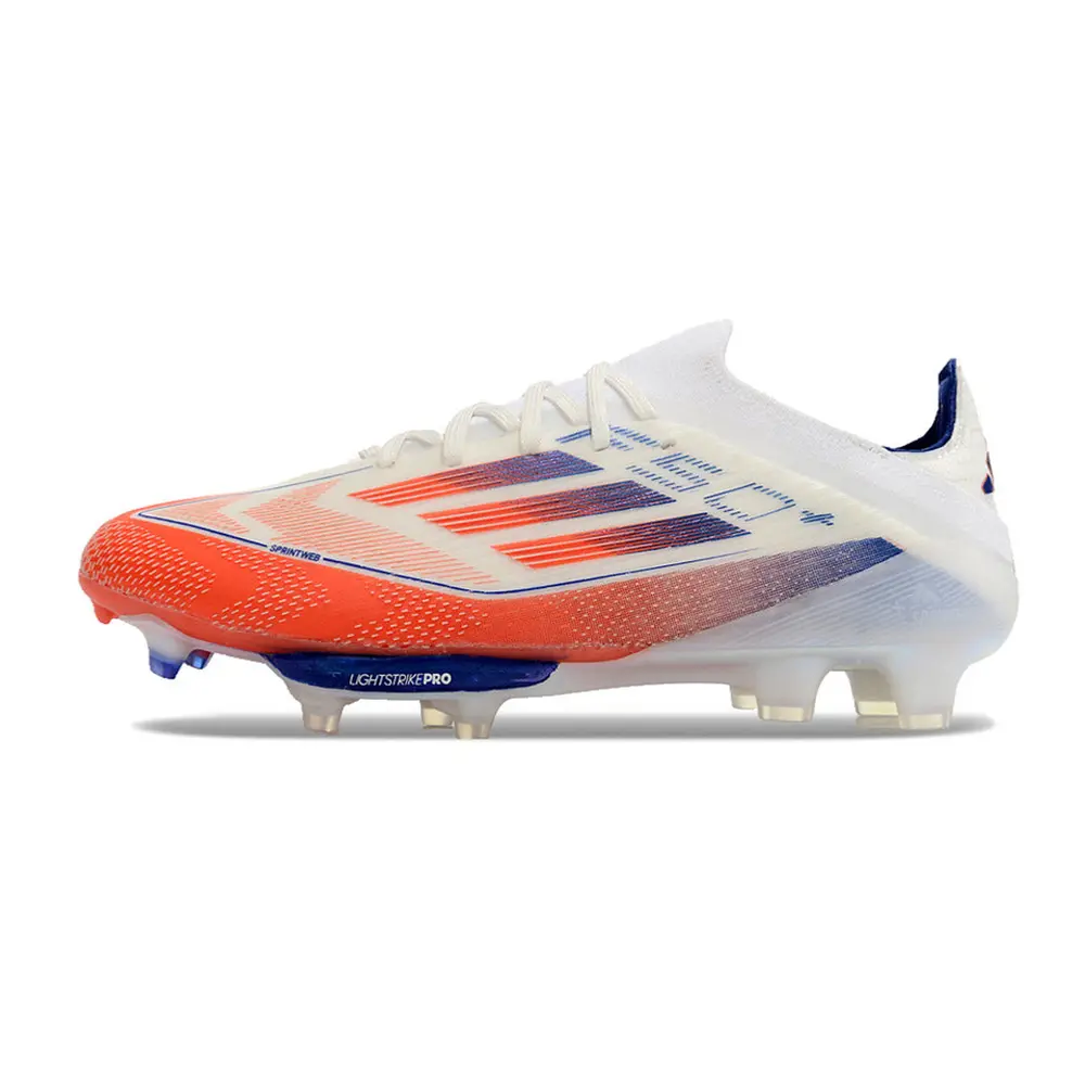 Chuteira Campo Adidas F50+ FG Branca, Azul e Vermelha