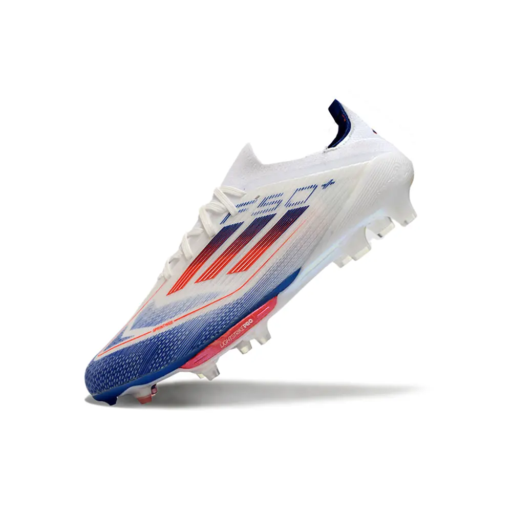 Chuteira Campo Adidas F50+ FG Branca, Azul e Vermelho