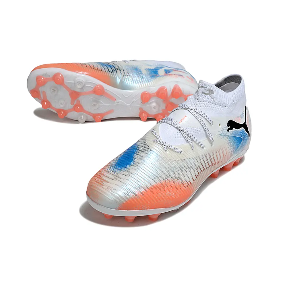 Chuteira Society Puma Future 8 MG Branco, Laranja e Azul