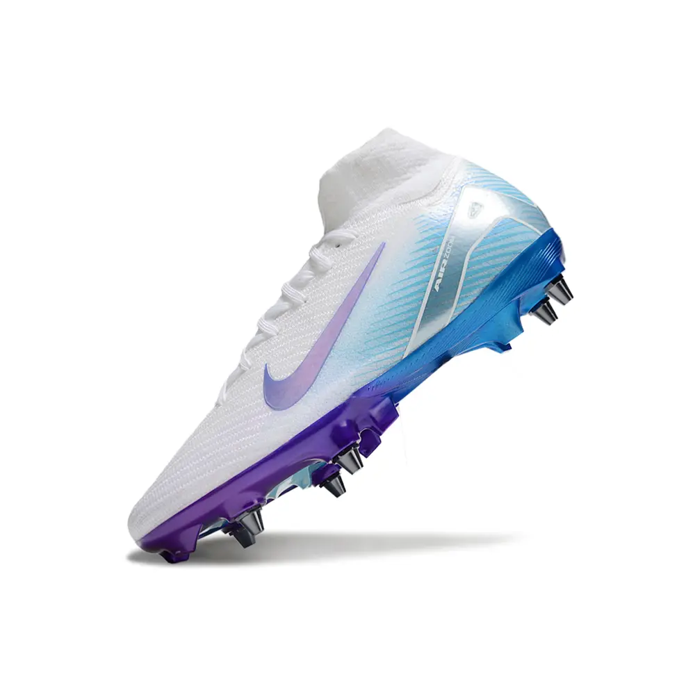 Chuteira Campo Nike Air Zoom Mercurial Superfly 10 Elite Trava Mista Branco, Roxo e Azul