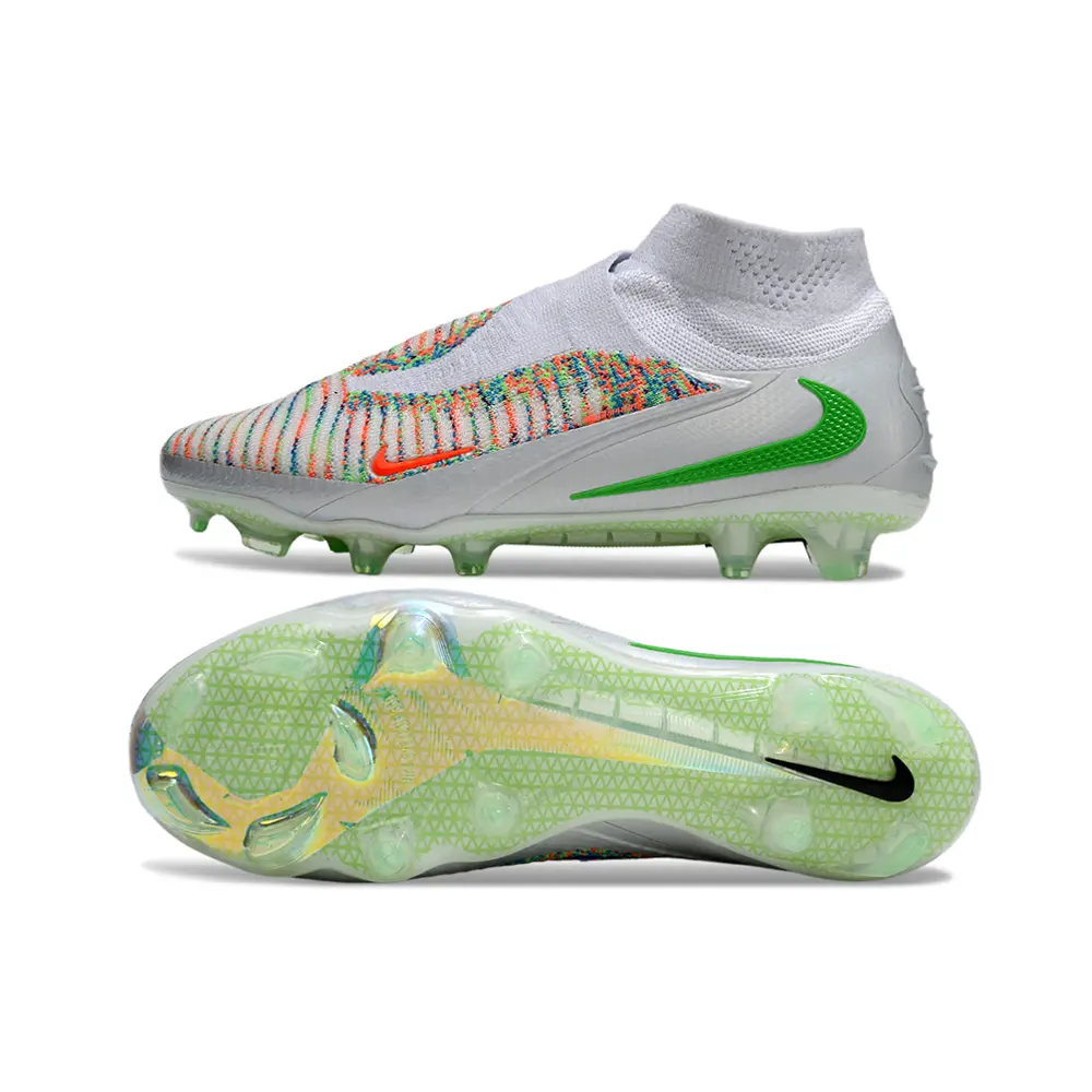 Chuteira Campo Nike Phantom GX 6 Elite FG Prata, Verde e Laranja Farda de Boleiro